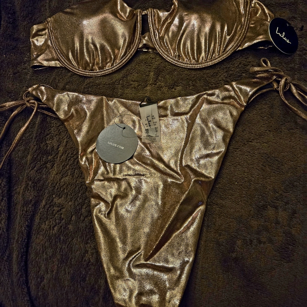Lulus Shiny Bronze Bikini Set Size XL